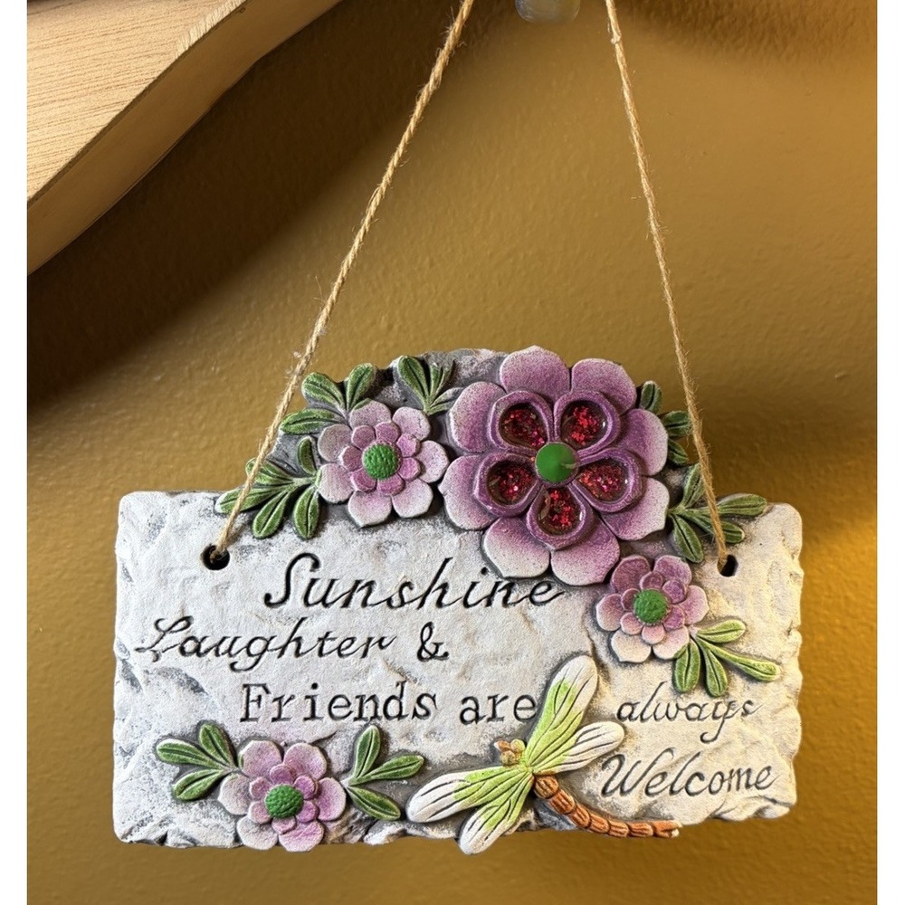 Welcome Sign Sunshine Laughter Friends Purple Flower Dragonfly Stone Decor 5x7